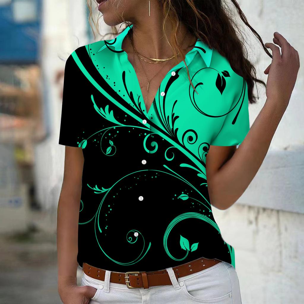 2025 Summer New Fashion Women's Feather Printed Short Sleeve V-neck Casual Button-down Shirt Top