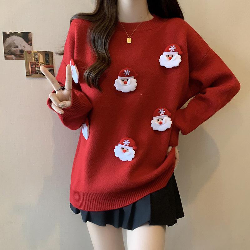 Women's Stylish Slimming Red Christmas Sweater - Age-Reducing, Loose Belly-Covering Knitwear for Autumn/Winter