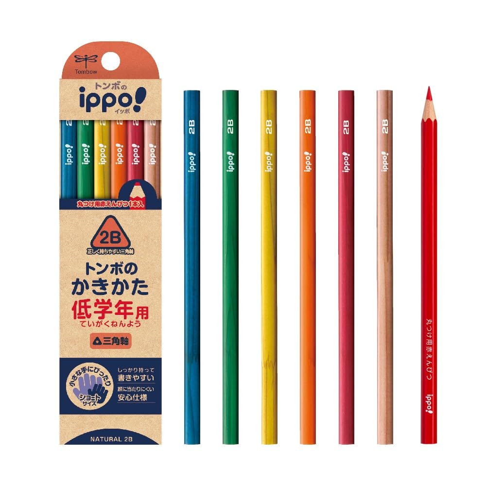 Tombow Pencil Triangular Pencil 2B red pencil shorter design For lower elementary natural (1 included) Safe, ippo! grades, MP-SENN04-2B