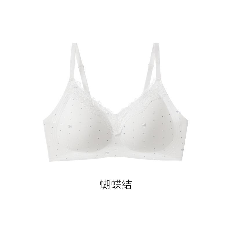 Sweet and Pure Girl Print Lace Edge Pure Cotton Underwear Women's No Steel Ring Anti-sagging Small Chest Gathering Thin Bra