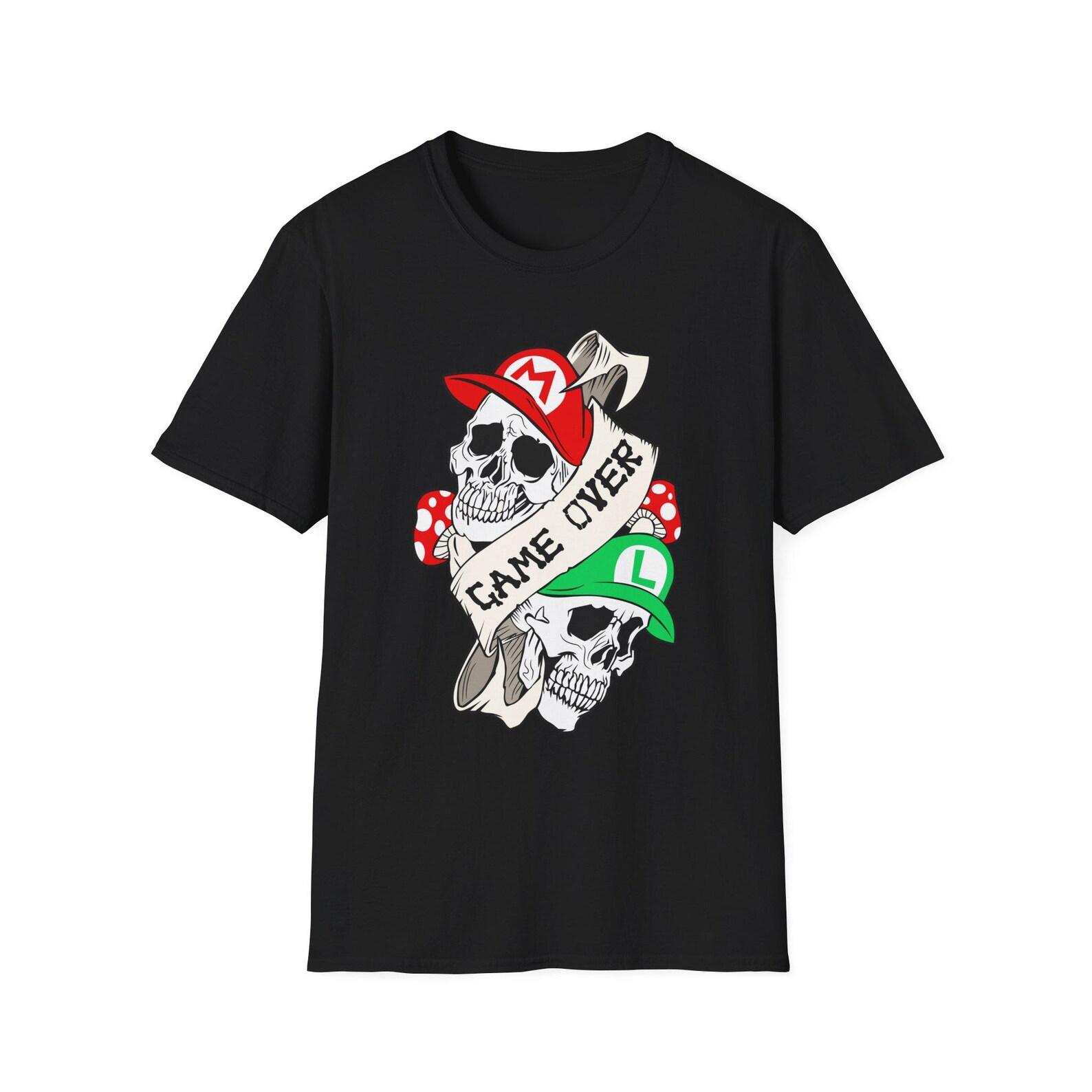 Game Over skulls Mario Luigi hats T-Shirt | Gamer retro skull design XL