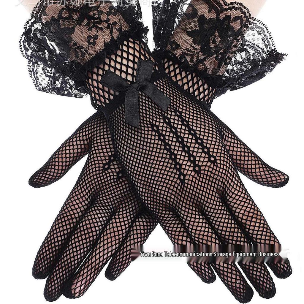 Bridal Fishnet Lace Gloves with Bowknot for Wedding, Prom, and Performance
