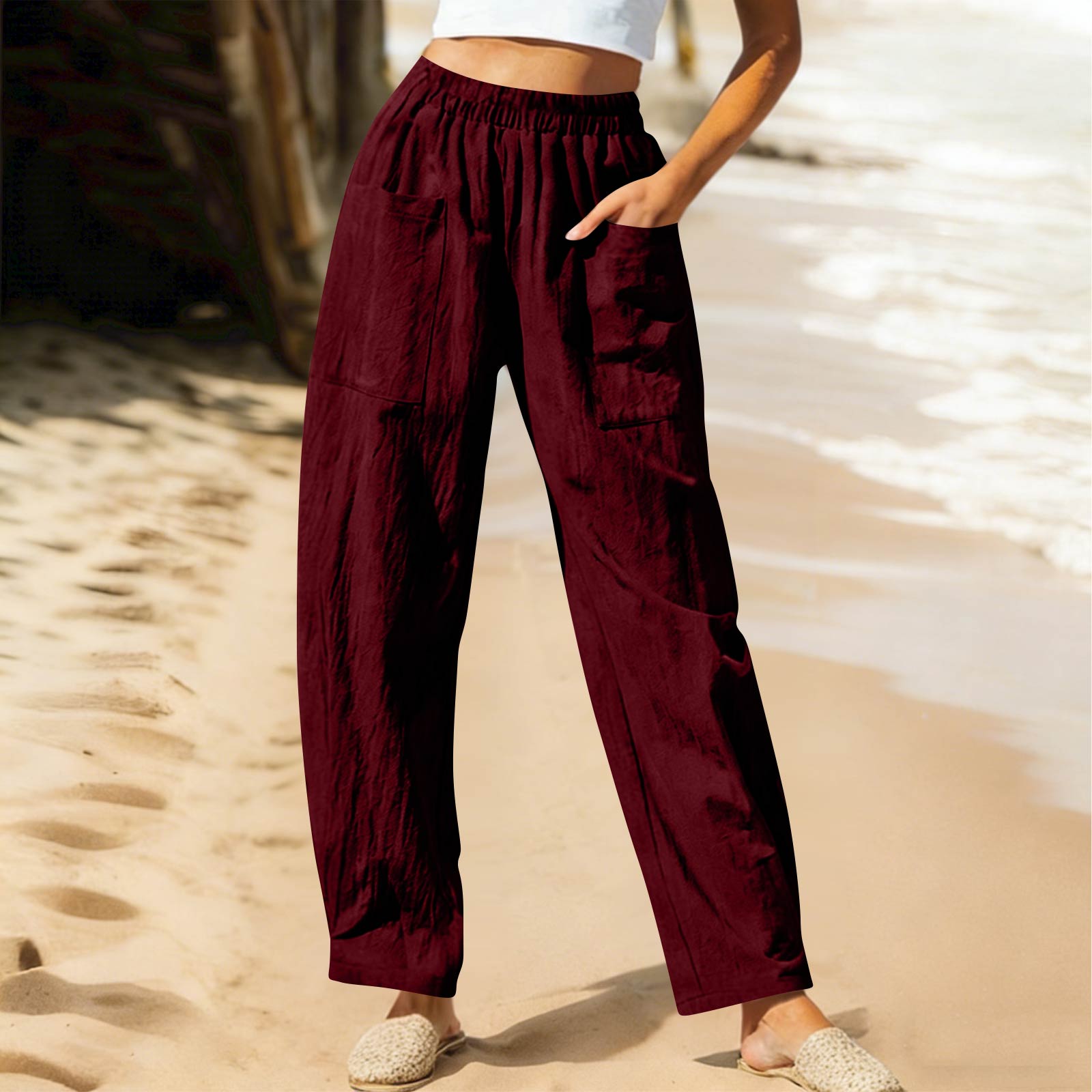 

Women s Casual And Fashionable Solid Color Loose Pants With Pocketes XL винний