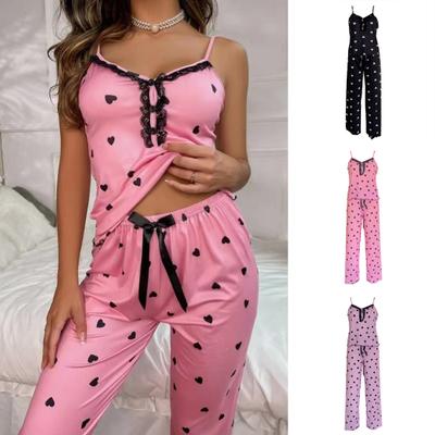2 Pcs/Set Women Pajamas Set Satin Heart Print Lace Sleeveless Top Bow Elastic Waist Trousers Homewear Top Pants Suit Lady Summer Sleepwear Lounge