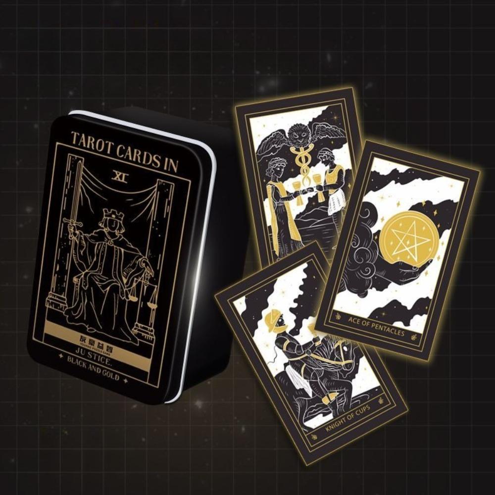 Mystic Noir Elegant Black & Gold Tarot Deck 10*6cm, Full 78-Card Set in Metal Tin, Travel-Size Deck for Wisdom and Guidance