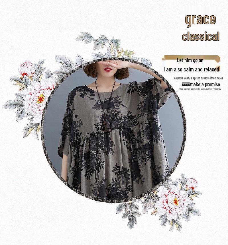 2021 Summer Retro Plus Size Round Neck Print Dress with Short Sleeves and Big Swing