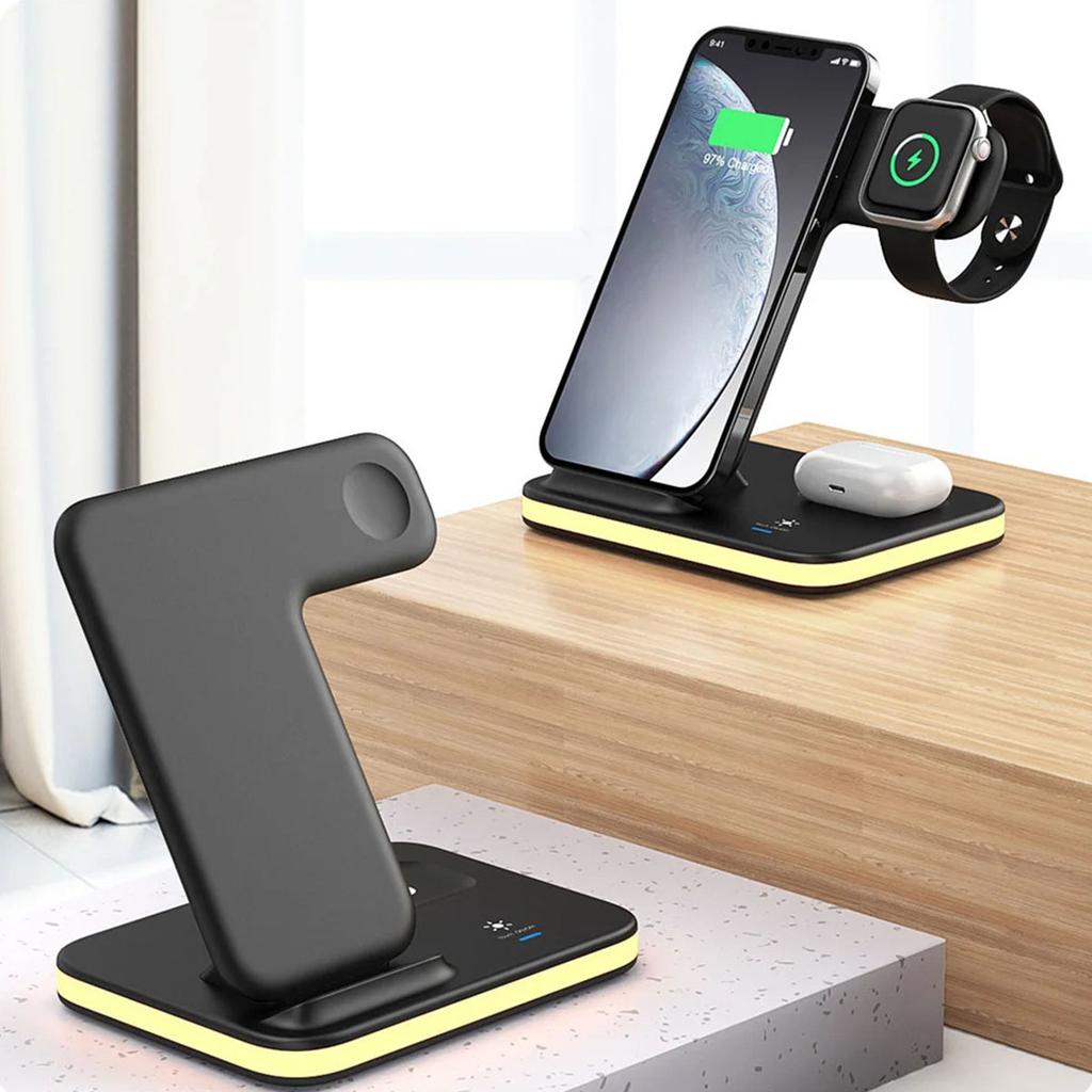 E6 4-in-1 15W Wireless Charger Phone Watch Earphone Charging Stand Night Light