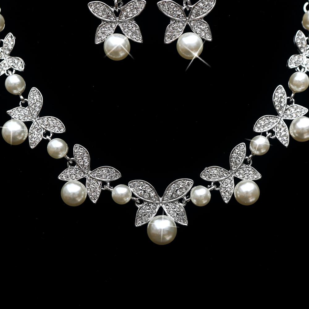 3pcs Soft Romantic Butterfly Imitation Pearl Inlaid Alloy Bridal Necklace Earrings Sweet Wedding Party Formal Wear Jewelry Set