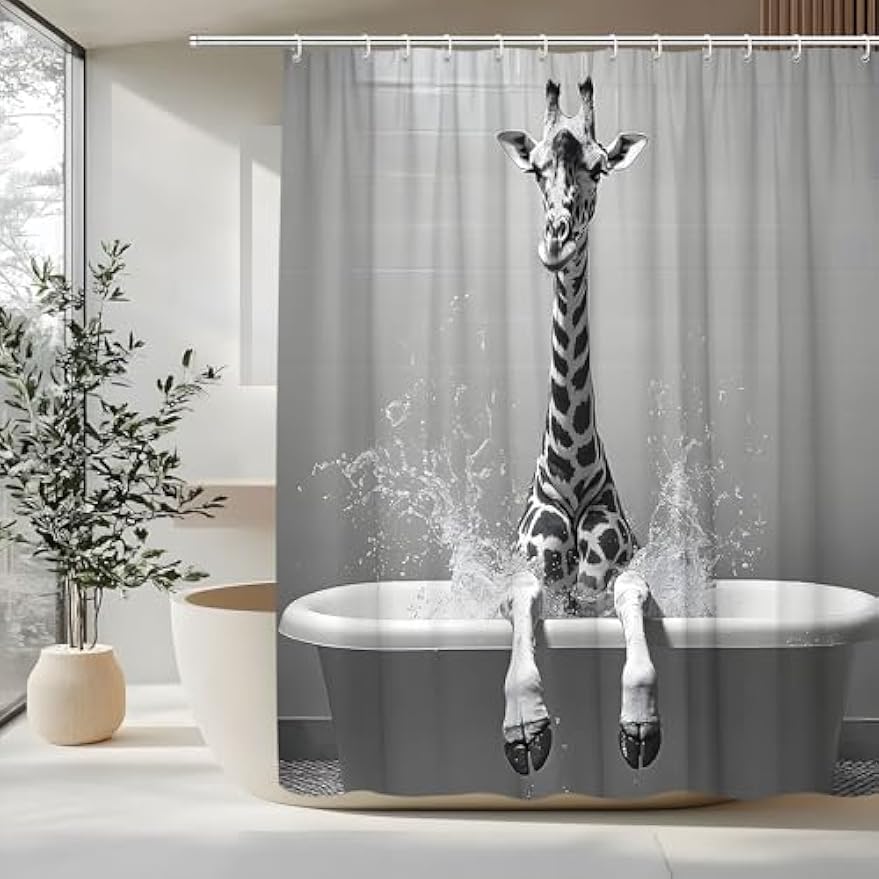 The Cute Giraffe Is Sitting In The Bathtub And Taking a Bath  Animals Wildlife Vintage   Fabric Bathroom Decorative Curtain