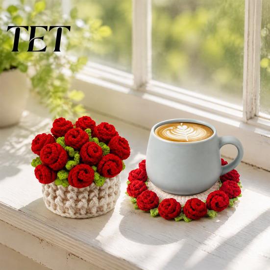 Decorative Plant Pot Display Stand Crochet Flower Bouquet Coaster, Handmade Knit Rose Mug Mat Transforms Into Bouquet, 2-in-1 Teacher Appreciation