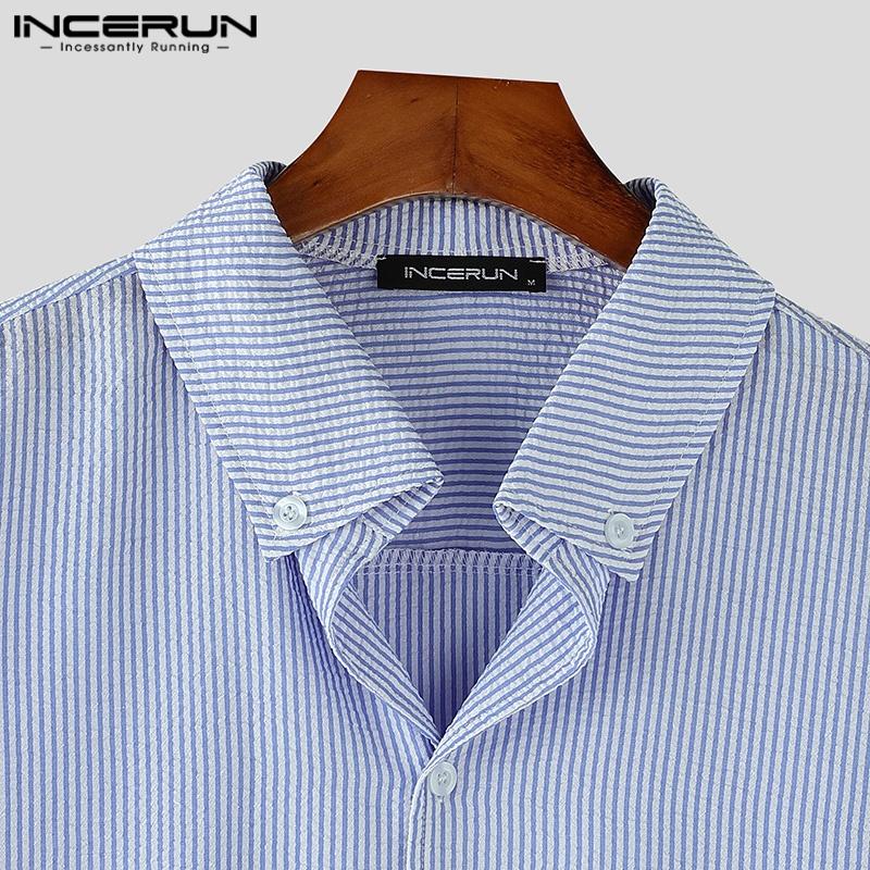 INCERUN Men Lapel Long Sleeve Striped Print Shirts Semi-Sheer Texture Tops