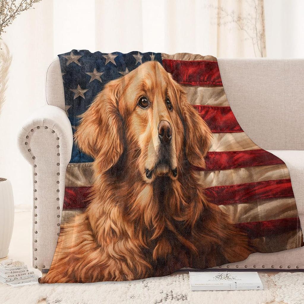Golden Retriever Patriotic Blanket 50X60 in, Flannel Throw Blankets for Travel Camping Sofa Living Room Decor, Lightweight Cozy