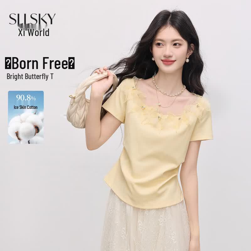 Women s Beaded Butterfly Lace Patchwork Short Sleeve T-Shirt M