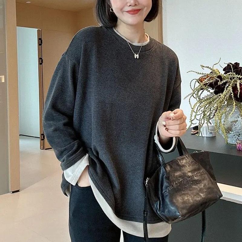

Plus Size Women s Long-Sleeve Fleece Two-Piece Look Casual Top - Warm Autumn/Winter Base Layer XL
