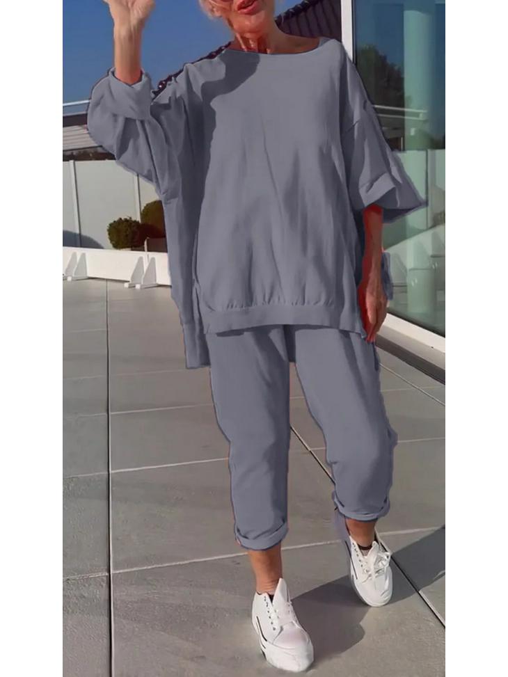 2025 Women's Casual Solid Color Long Sleeve Top and Pants Set - European & American Style