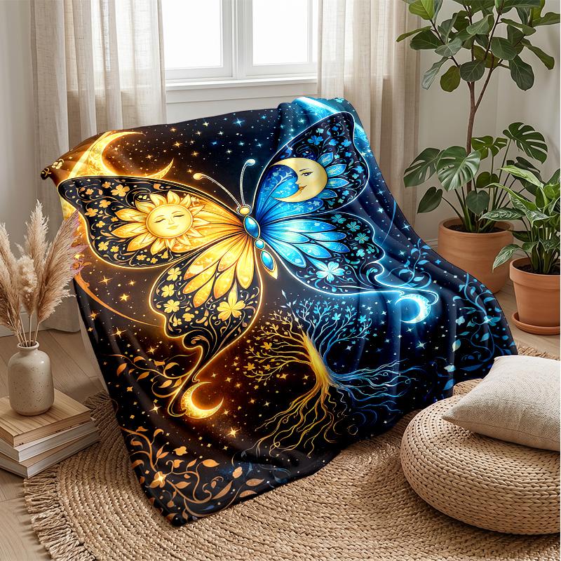 Sun Moon Butterfly Theme Blanket Lightweight Warm Flannel Blanket Decorative Throw Blanket for Home Decoration