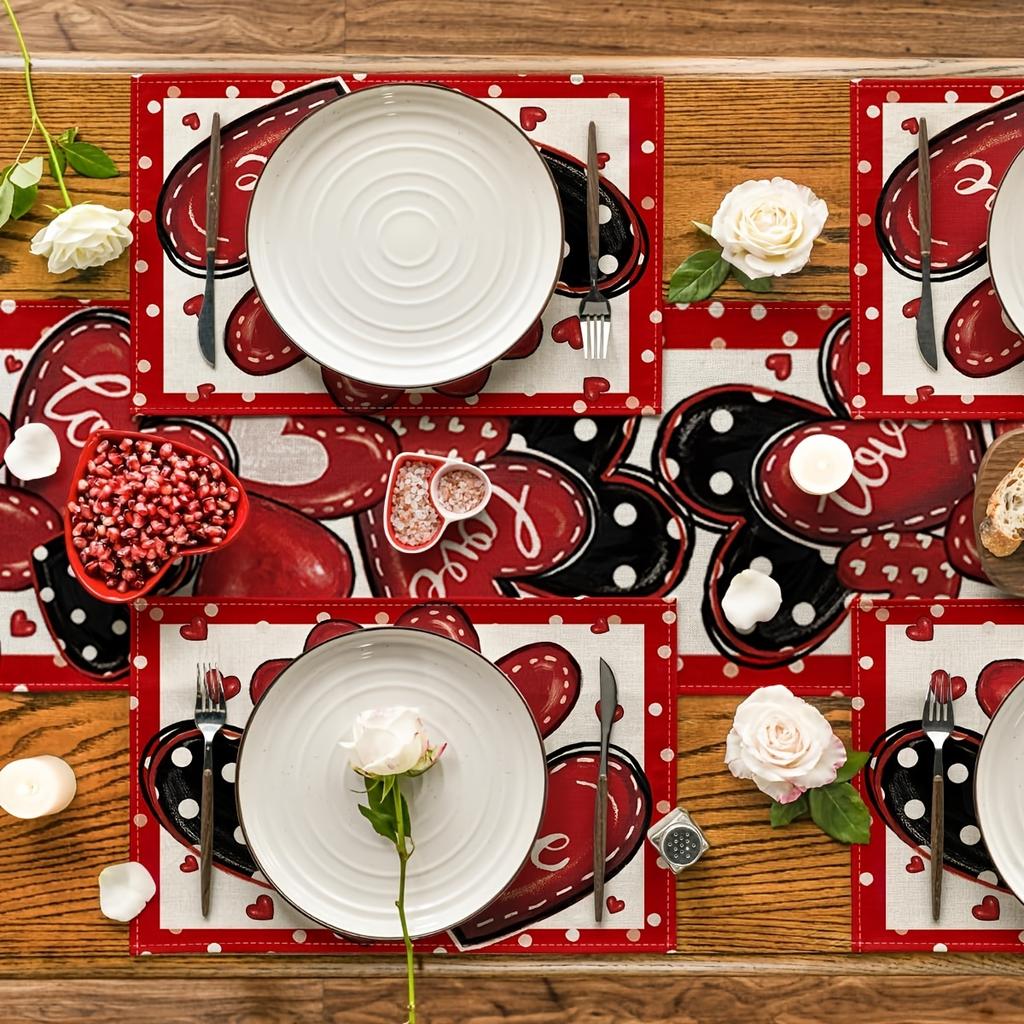 [Romantic Heart Placemats] 4/6/8pcs Heart-Shaped Red & Polka Dot Placemats | Machine-Washable Polyester, Rectangular Table Mats for Valentine's Day