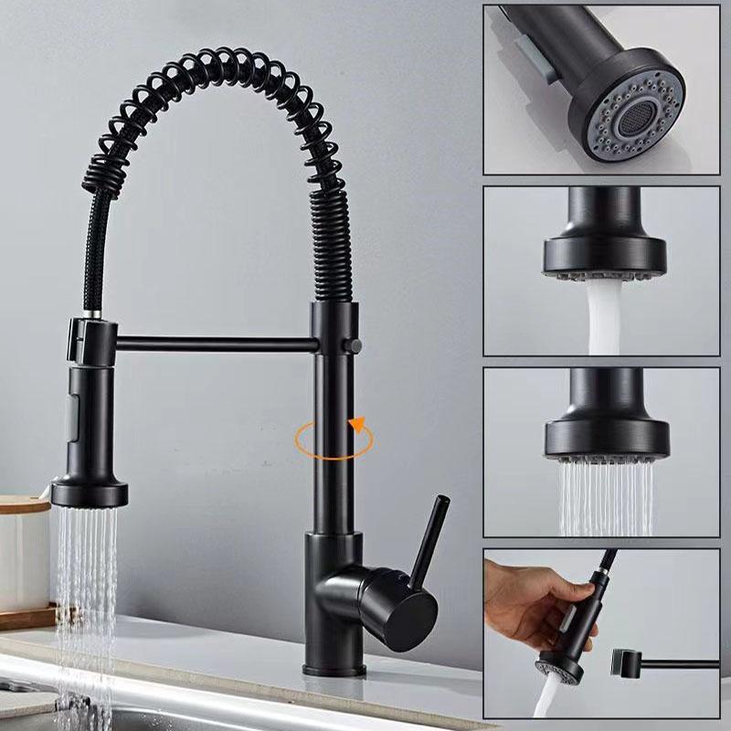 

Матовый кухонный смеситель с выдвижным изливом, хром, два режима, излив, смеситель горячей и холодной воды, кран-гусак, латунь, пружинный, смесители для кухонной мойки чёрный