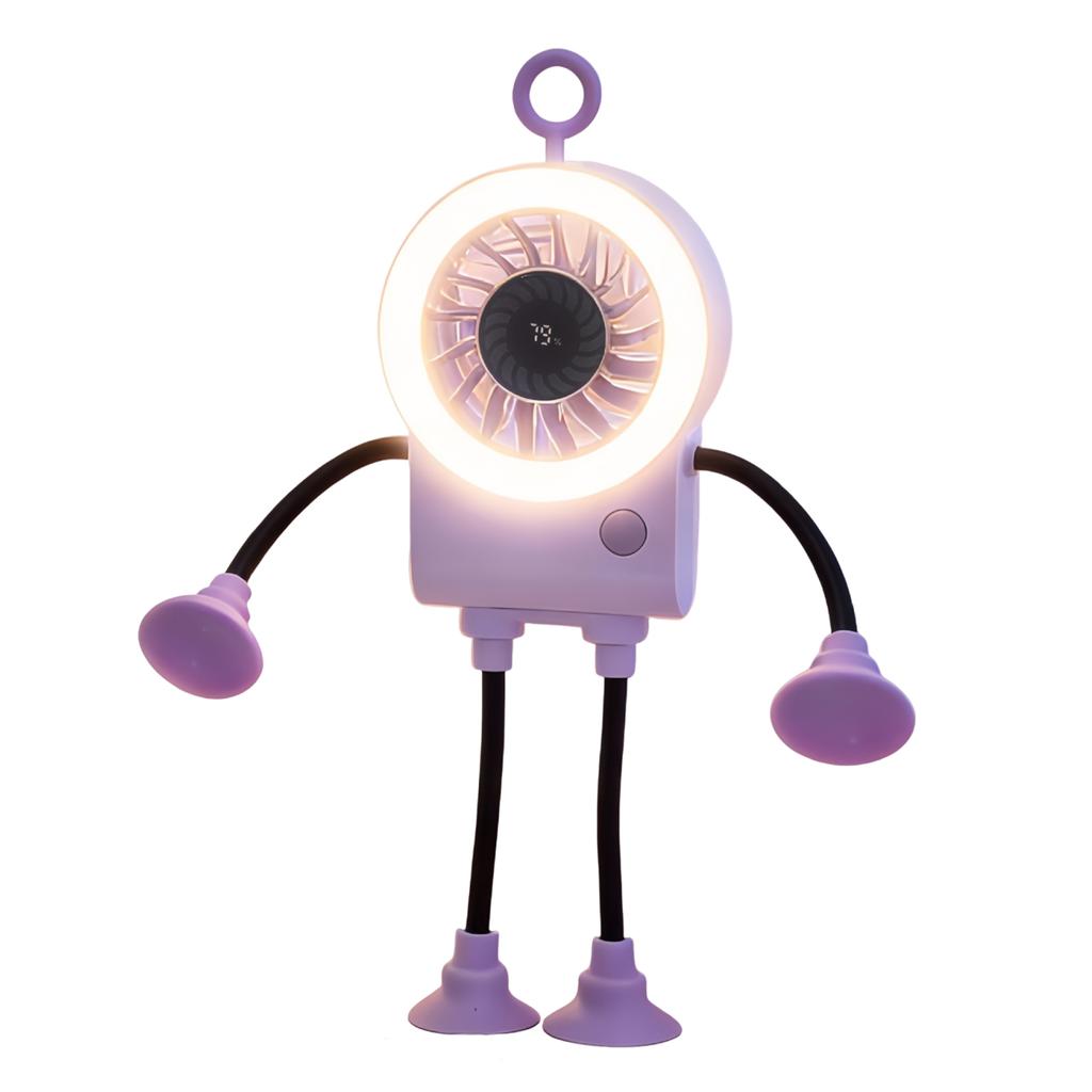 USB Cute Robot Mini Fan with Suckers&Phone Stand&Light Portable Foldable Blower 1200mAh Handheld Robot Fan for Office Desktop