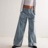 Womens Loose-Fitting Denim Pull-On Jeans Pockets High Waisted Baggy Straight Leg Stretchy Full Length Trousers Y2K Streetwear