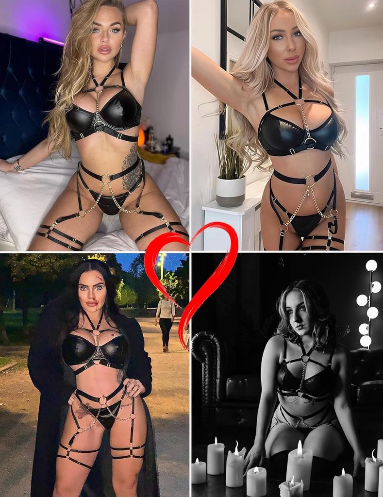 Avidlove Lingerie Set for Women Sexy Strappy 5 Piece Lingerie Garter with Underwire Push Up Bra and Chain