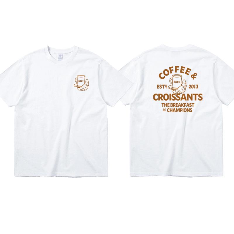 

Coffee & croissants American retro sports style pure cotton print crew neck short sleeve T-shirt men 4XL