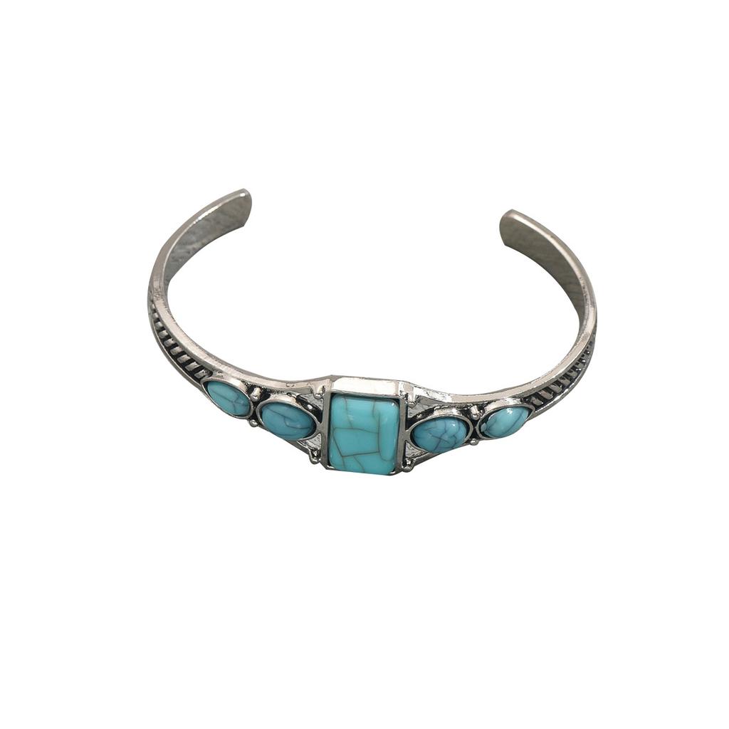 Retro style women's opening adjustable bracelet geometric inlaid turquoise pattern design bracelet jewelry women
