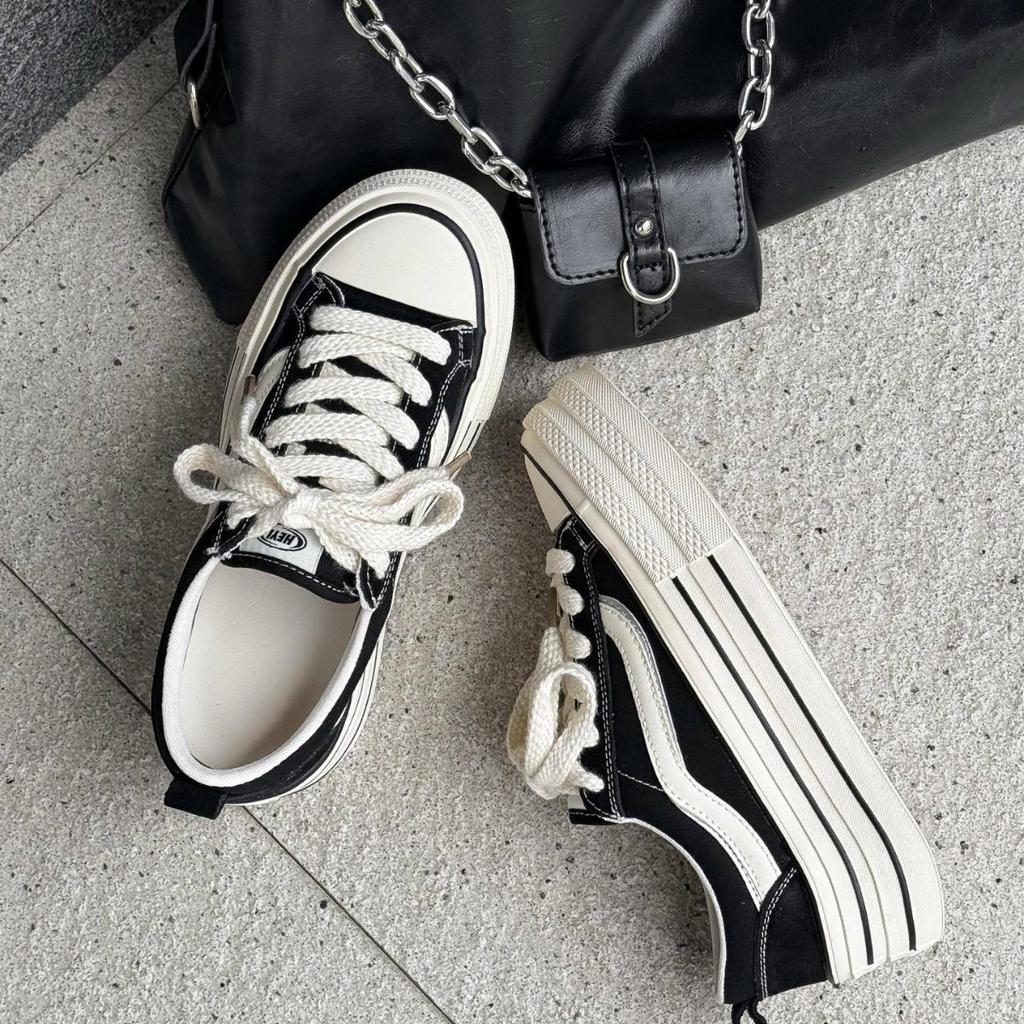 European 2025 New Leather Thick-soled Small Height-increasing Canvas Shoes Casual Fashion Single Shoes Comfortable Foreign Style Trendy Shoes