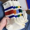Unisex Mid Calf Socks Mid-calf Sports Socks Cotton Contrast Striped Crew Moisture Versatile Color Wicking Athletic for Autumn And Winter Daily