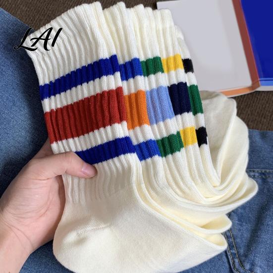 Unisex Mid Calf Socks Mid-calf Sports Socks Cotton Contrast Striped Crew Moisture Versatile Color Wicking Athletic for Autumn And Winter Daily