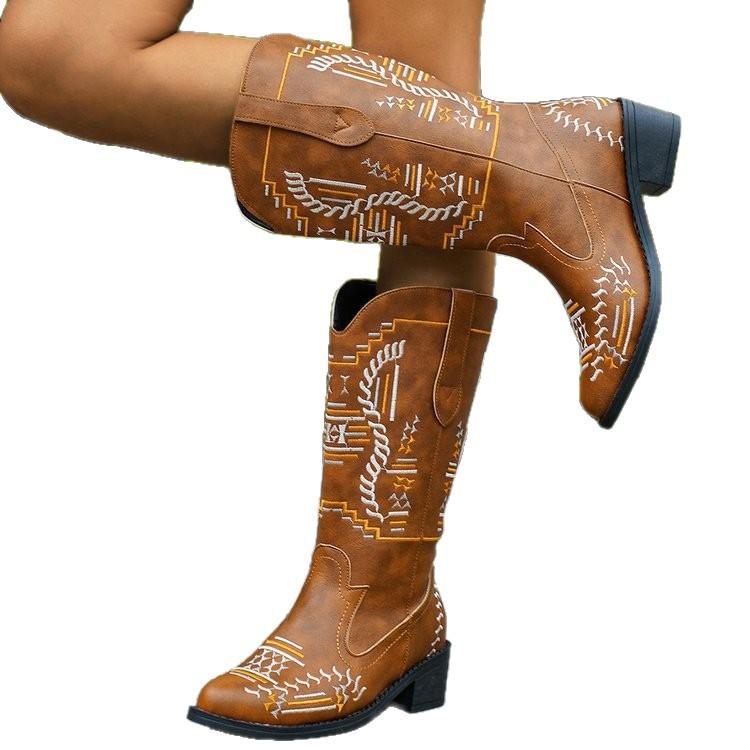 Large size thick-heeled boots for women's autumn and winter new western cowboy romantic high boots for women