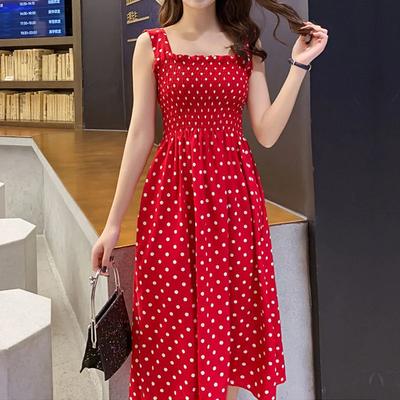 Summer Polka Dot Womens Dresses Elegant Square Neck Sleeveless Chiffon Long Dress
