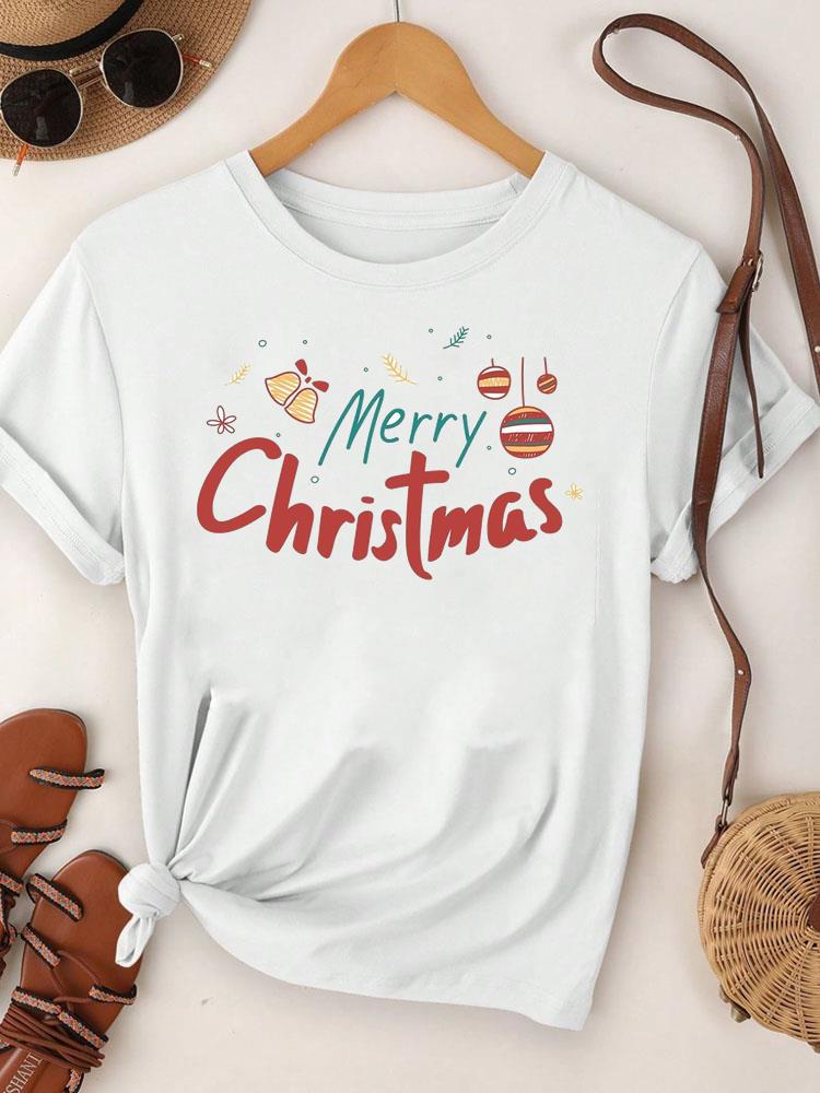 (Asian Size)  Merry Christmas Tee Top Festival New Year Holiday Casual Lovely Letter Cute 90s Women Print Lady Short Sleeve Fashion Graphic T-shirts