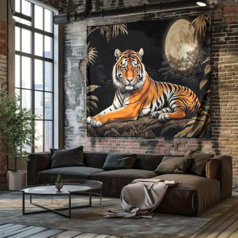 Moonlit Jungle Tiger Tapestry Modern Home Decor Fabric Wall Hanging for Living Room Bedroom Background Decoration