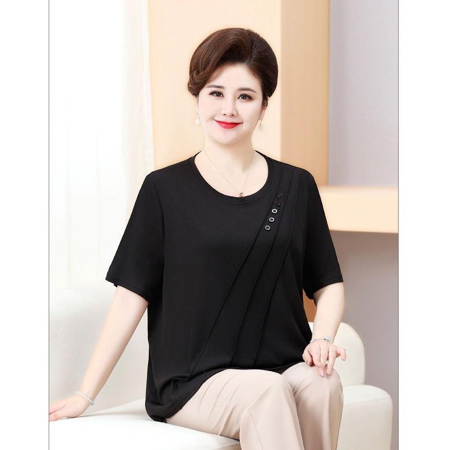 T-shirt Estiva Ricamata a Maniche Corte per Donne Taglie Forti di Mezza Età e Anziane - Colore Unito, Vestibilità Larga Modellante