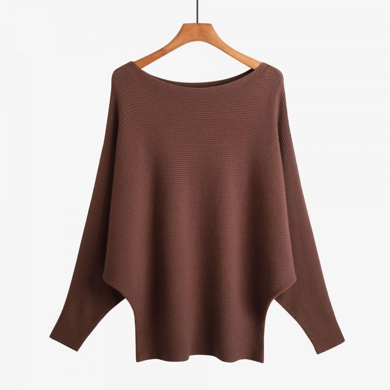 Womens Winter Solid Color Loose Batwing Sleeve Knit Sweater One-Shoulder Neck Long