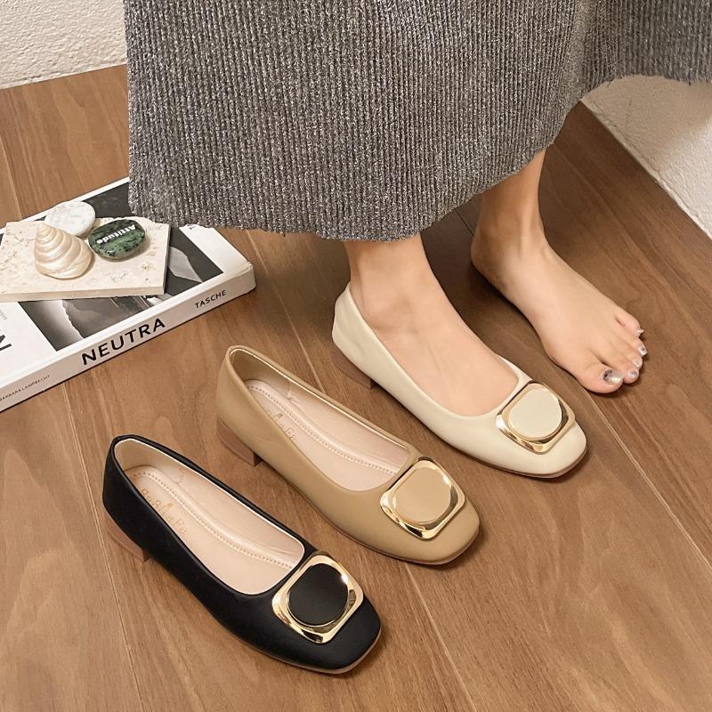 Low-heeled square-headed grandma shoes women's spring new shallow-mouth women's single shoes comfortable Doudou shoes
