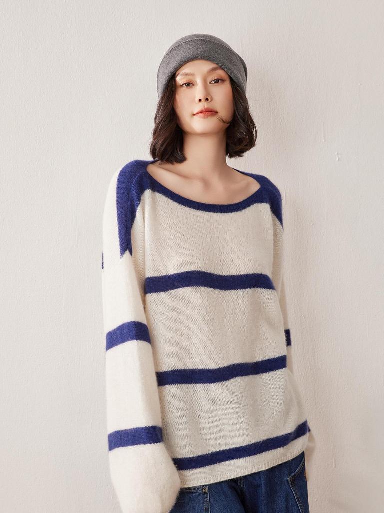 Women's Off-Shoulder Striped Cashmere Sweater - 2026 Autumn/Winter Collection: Simple, Stylish, and Warm.