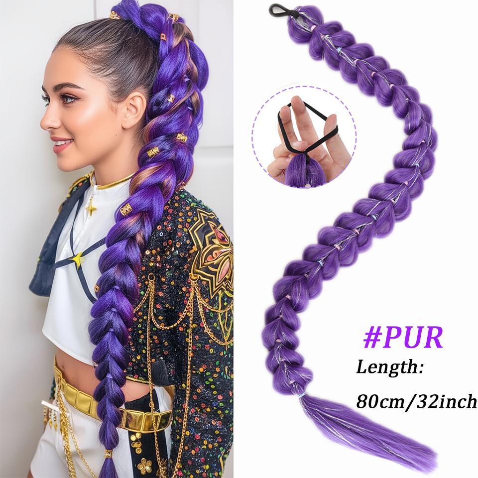 28inch Synthetic Hair Long Braided Purple Hair Ponytail Extensions Rumi Hairstyle Claw Clip Hair Wig for Kids for Chritmas Party