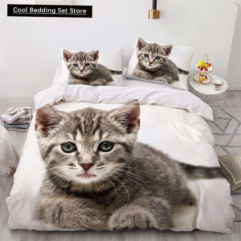 3D Cat King Queen Duvet Cover Lovely Grey White Kitty Bedding Set for Kids Teens Adults Scottish Fold Soft 2/3pcs Quilt Cover