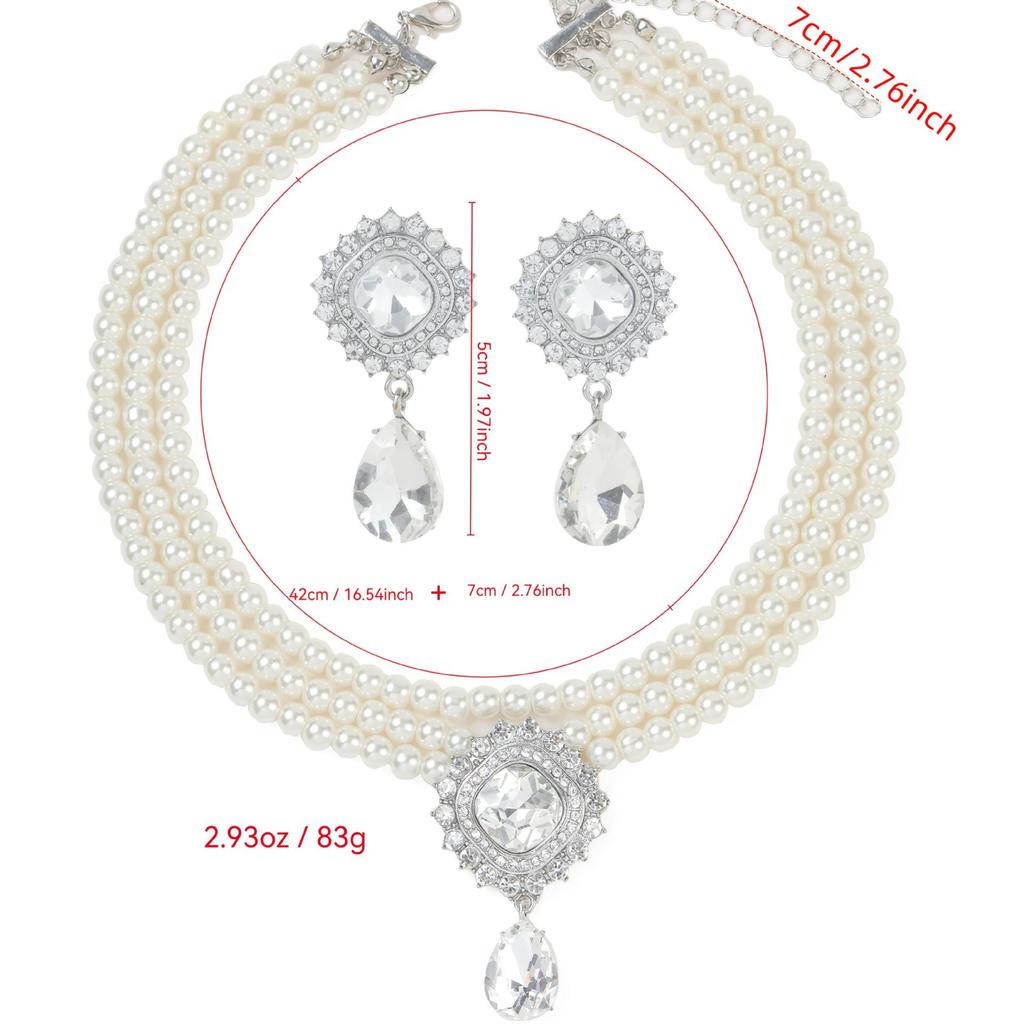 European-American French Style Beaded Choker Necklace with Imitation Pearl and Rhinestone Square Fashion Collar Jewelry Set
