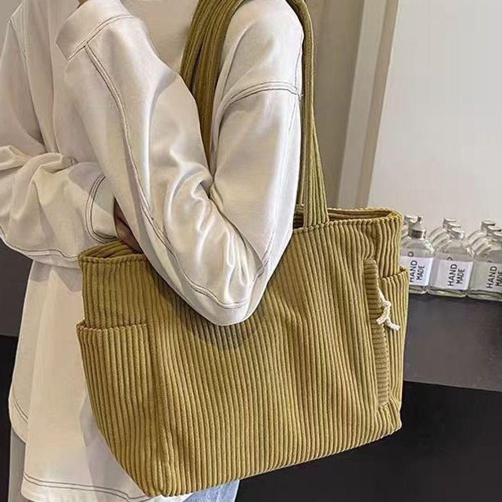 

Solid Color Corduroy Shoulder Bag Zip Closure Lunch Bags Fashion Women s Shopper Tote Bag Students чорний