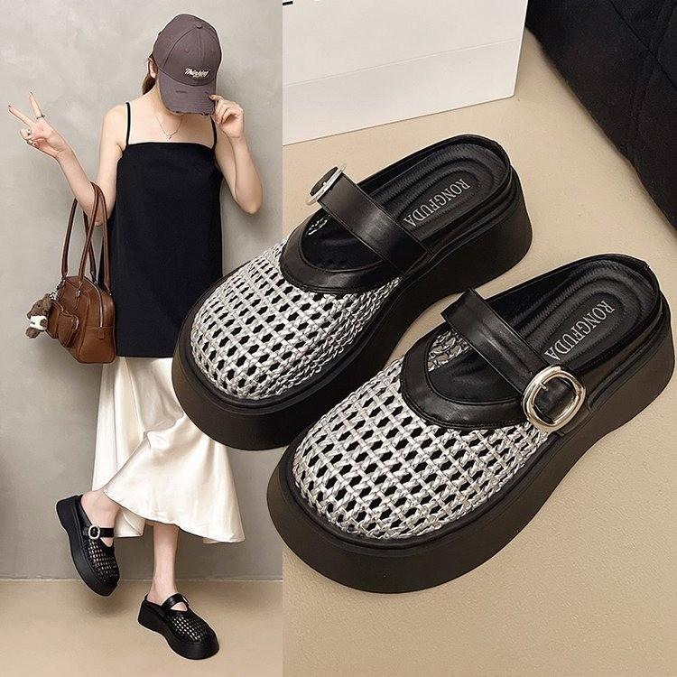 Thick-soled Mary Jane shoes leather woven bag head slippers women's summer wear with skirt sandals hollow hole pig cage shoes