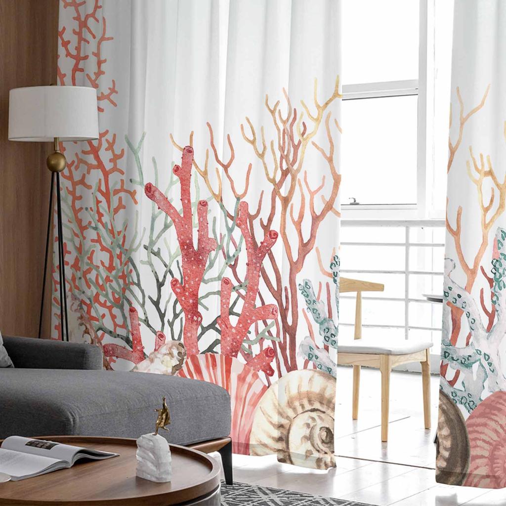 Summer Ocean Coral Seagrass Tulle Window Curtains for Bedroom Luxury Home Decor Drapes In Living Room Chiffon Panels