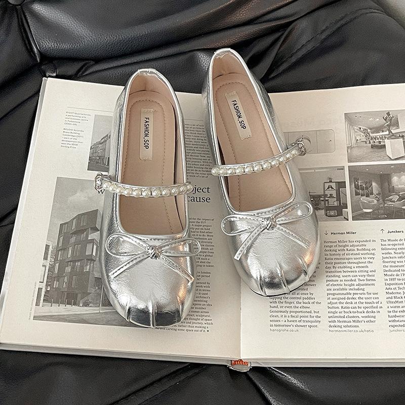 Summer pearl one-word strap single shoes new retro temperament versatile bow Mary Jane shoes women