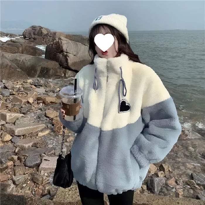 Women's Lambswool Patchwork Jacket - Autumn/Winter 2025, Loose Fit, Thick Cotton, Korean Style for Junior/High School Students