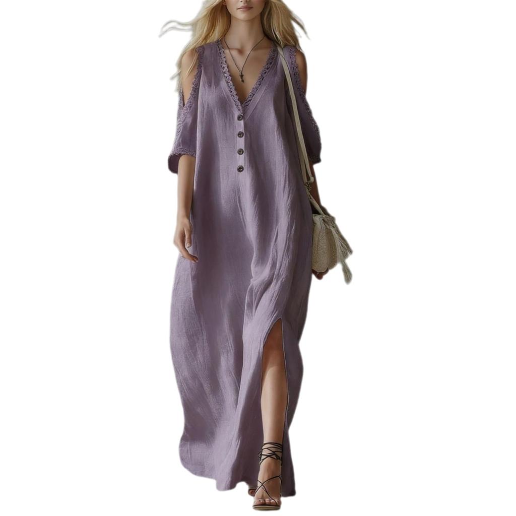 Women’s Lace Trim Loose Fit Off Shoulder Maxi Dress Casual Long Sleeve Button Down Design with Side Slit and V Neck