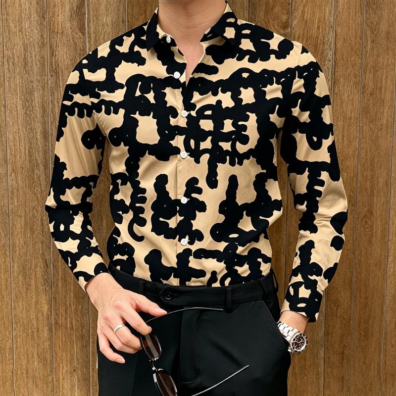 Men's Abstract Graffiti Print Long-Sleeve Shirt, Smooth Drape, Trendy Lapel Shirt, High-Street Luxury Versatile Men's Top