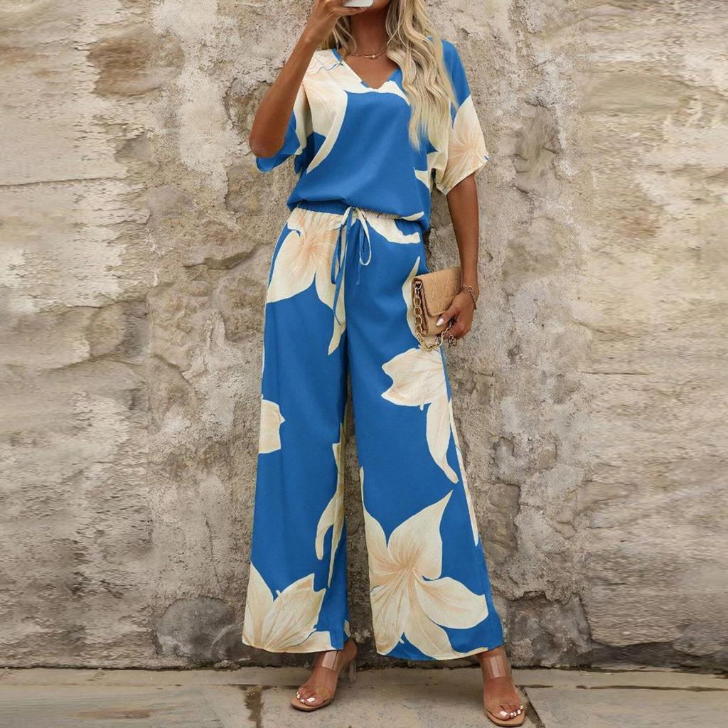 Damski Modny Casualowy Zestaw Top z Krótkim Rękawem i Dekoltem w Serek ze Wzorem w Kwiaty i Spodnie