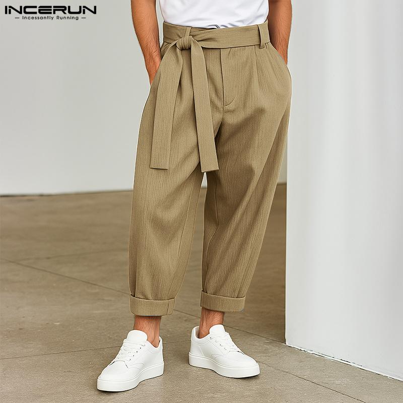 

INCERUN Men Multi-Pocket Bandage Zip-up Waist Texture Solid Harem Pants 5XL хакі